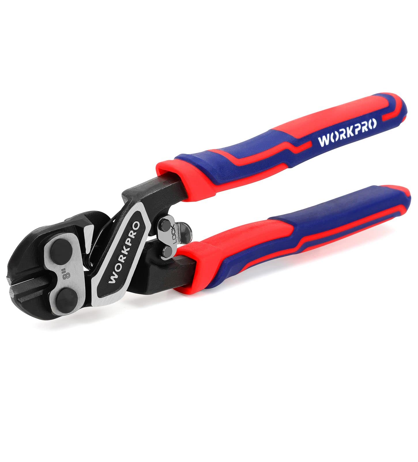 WORKPRO 8-inch bolt cutter jaw assembly shows durable chrome molybdenum steel for clean cuts