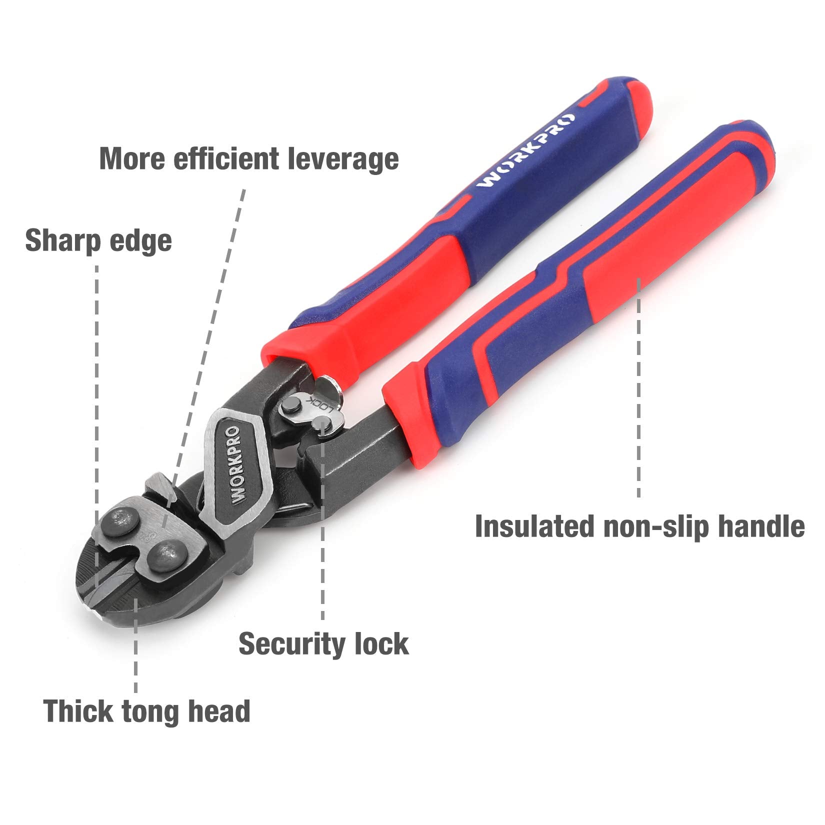 WORKPRO 8-inch bolt cutter lever-fulcrum design reduces effort on tough cuts