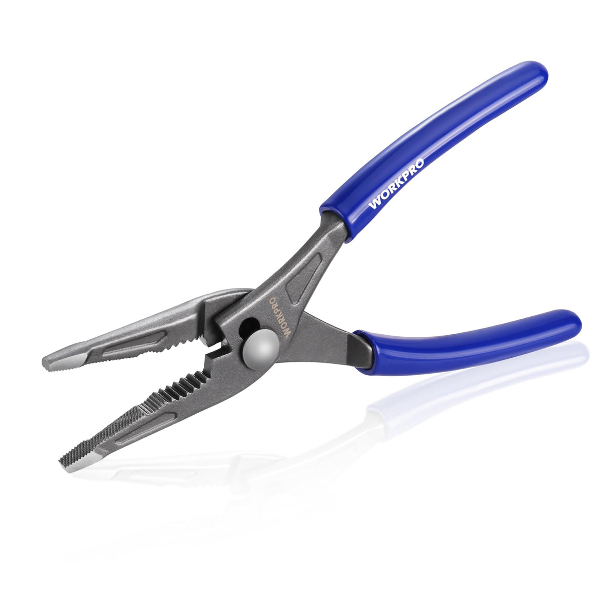 WORKPRO 8'' long-nose slip joint pliers with ergonomic grip for precise reach in tight spaces.