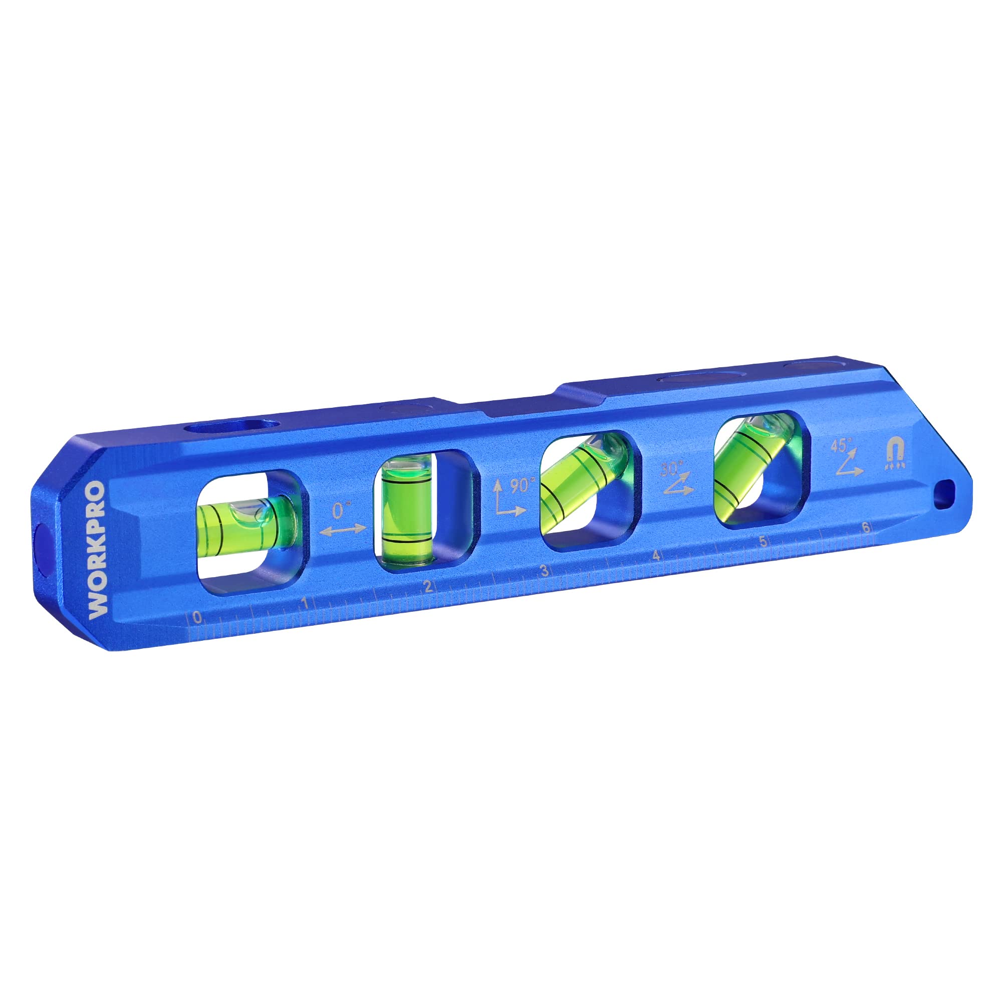 WORKPRO 8-Inch Magnetic Torpedo Level showing bubbles for precise alignment on metal surfaces