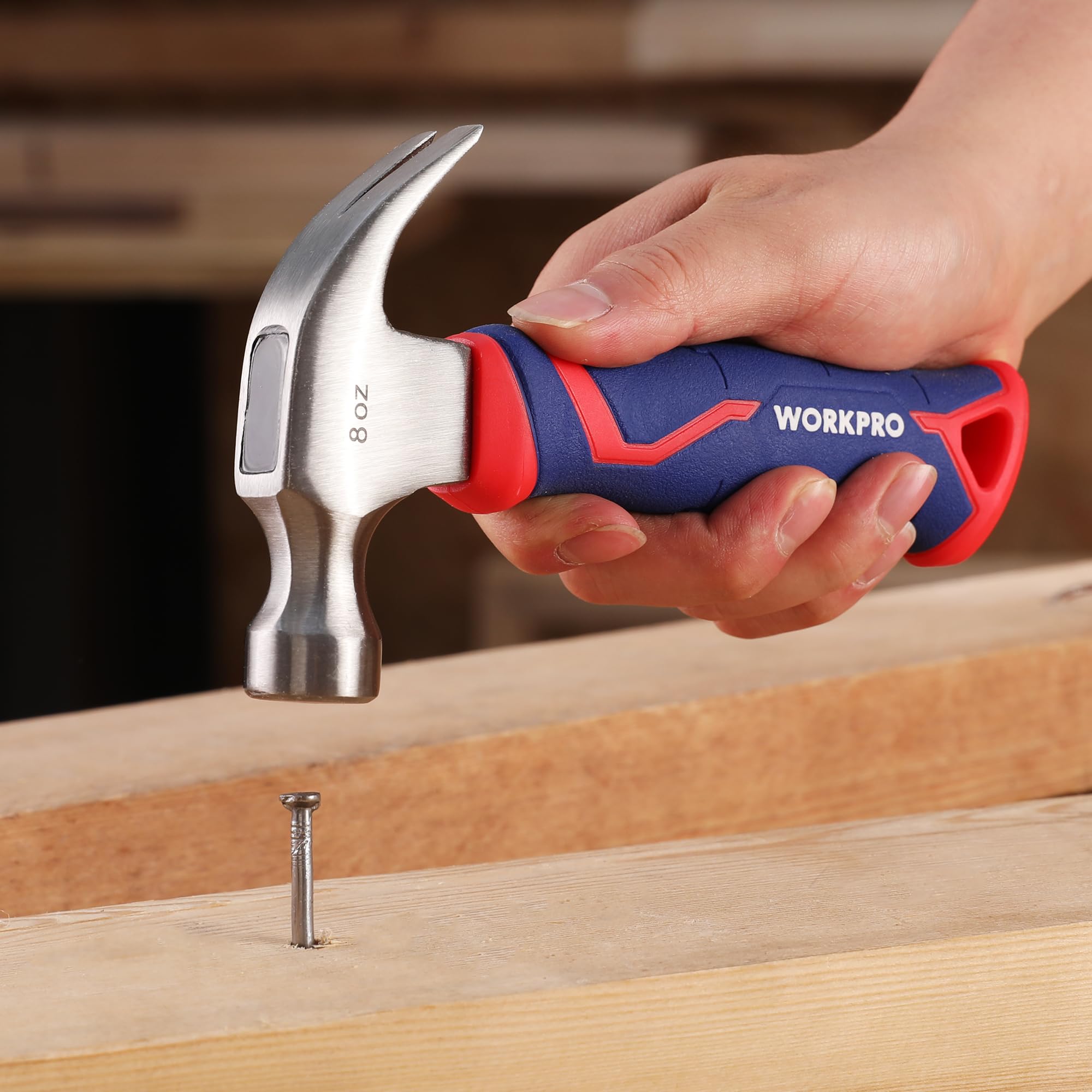 WORKPRO 8 oz hammer non-slip grip enhances control in tight spaces