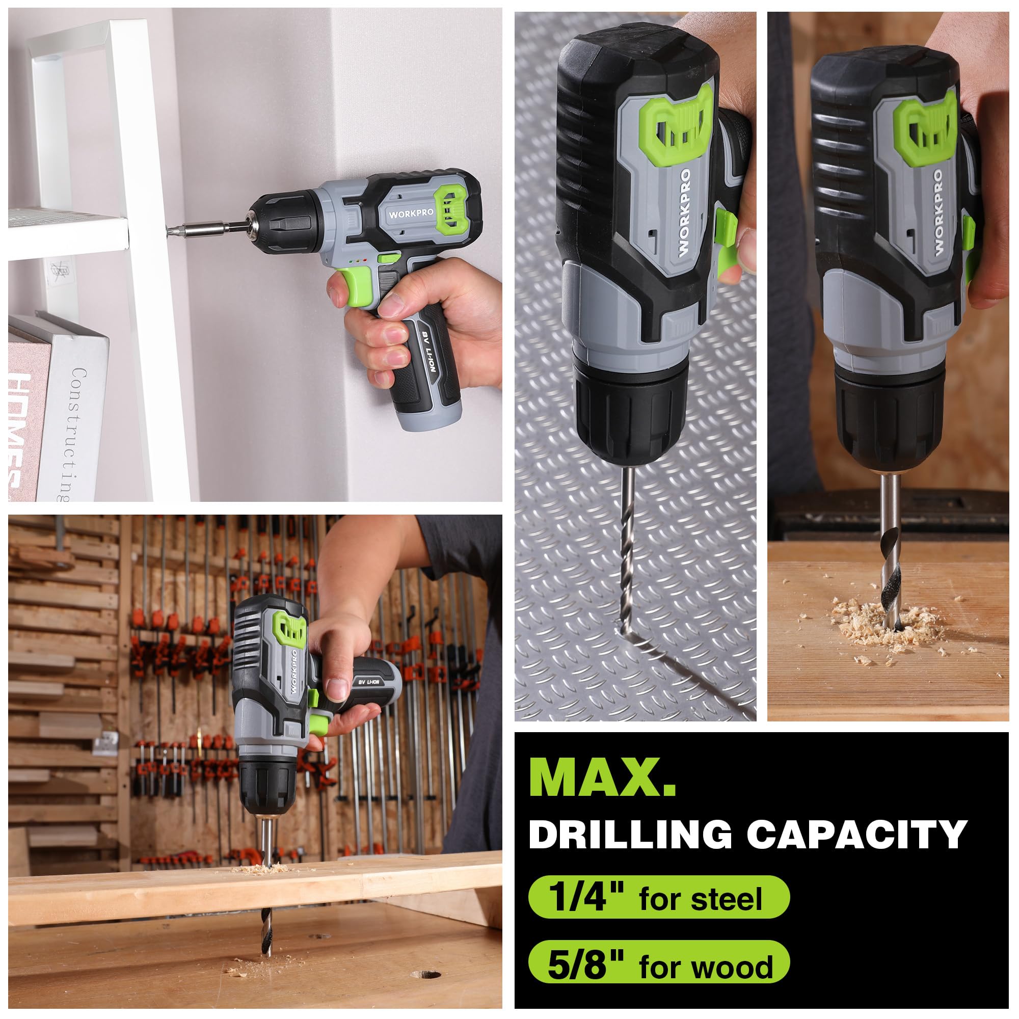 WORKPRO 8V battery with USB charging keeps you powered on the go.
