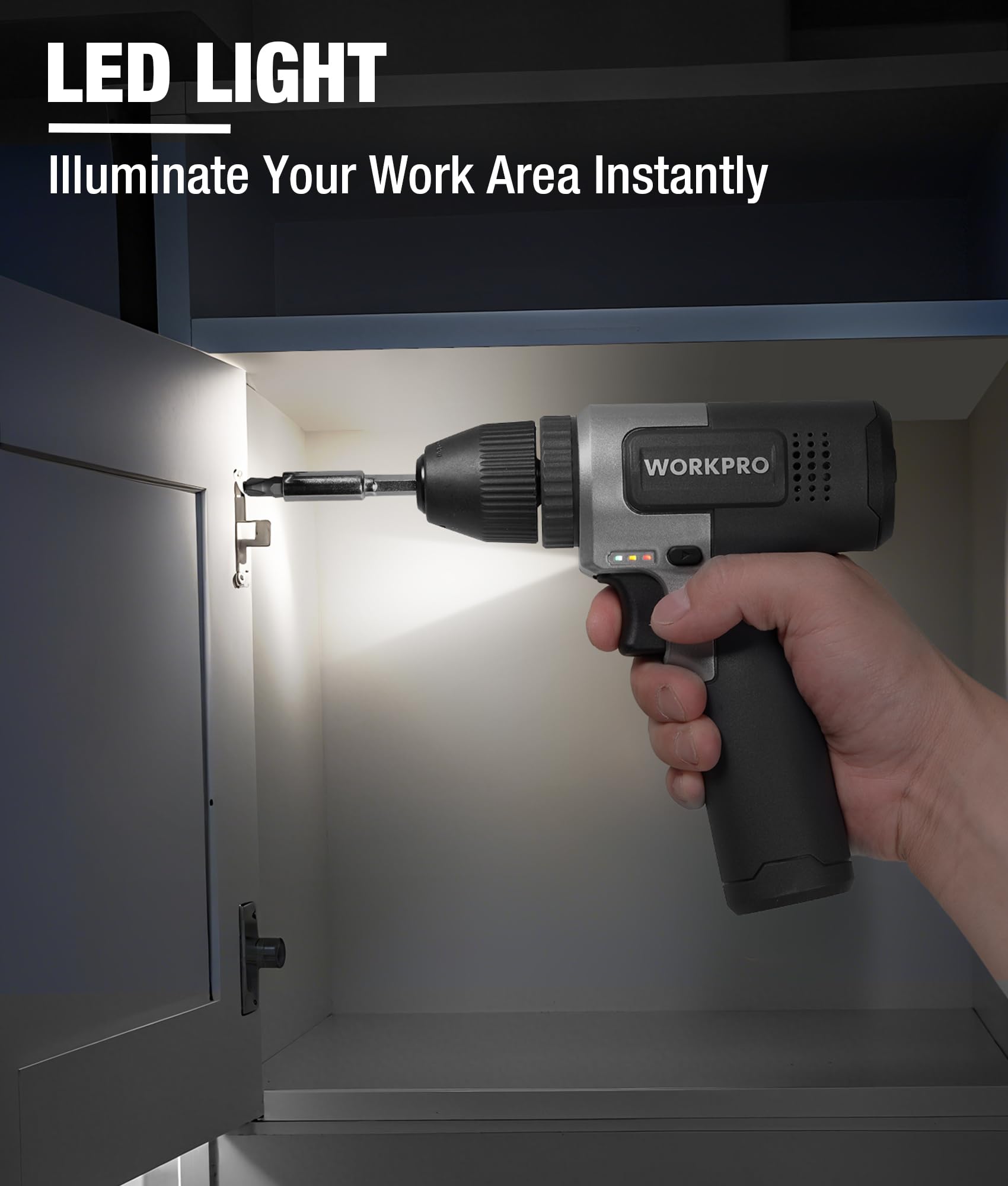 WORKPRO kit includes bits and rod stored in a compact box