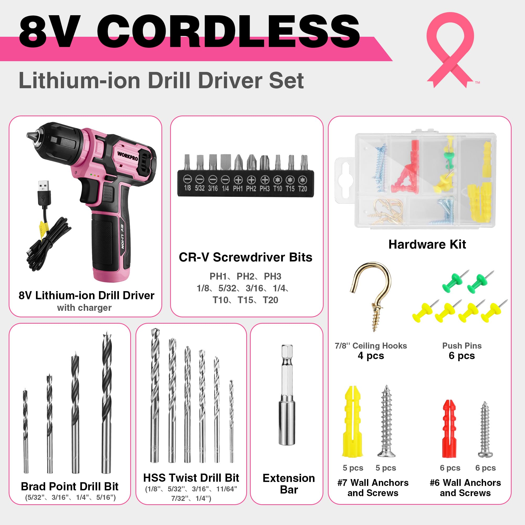 WORKPRO 8V cordless drill driver, lightweight and powerful for simple projects.