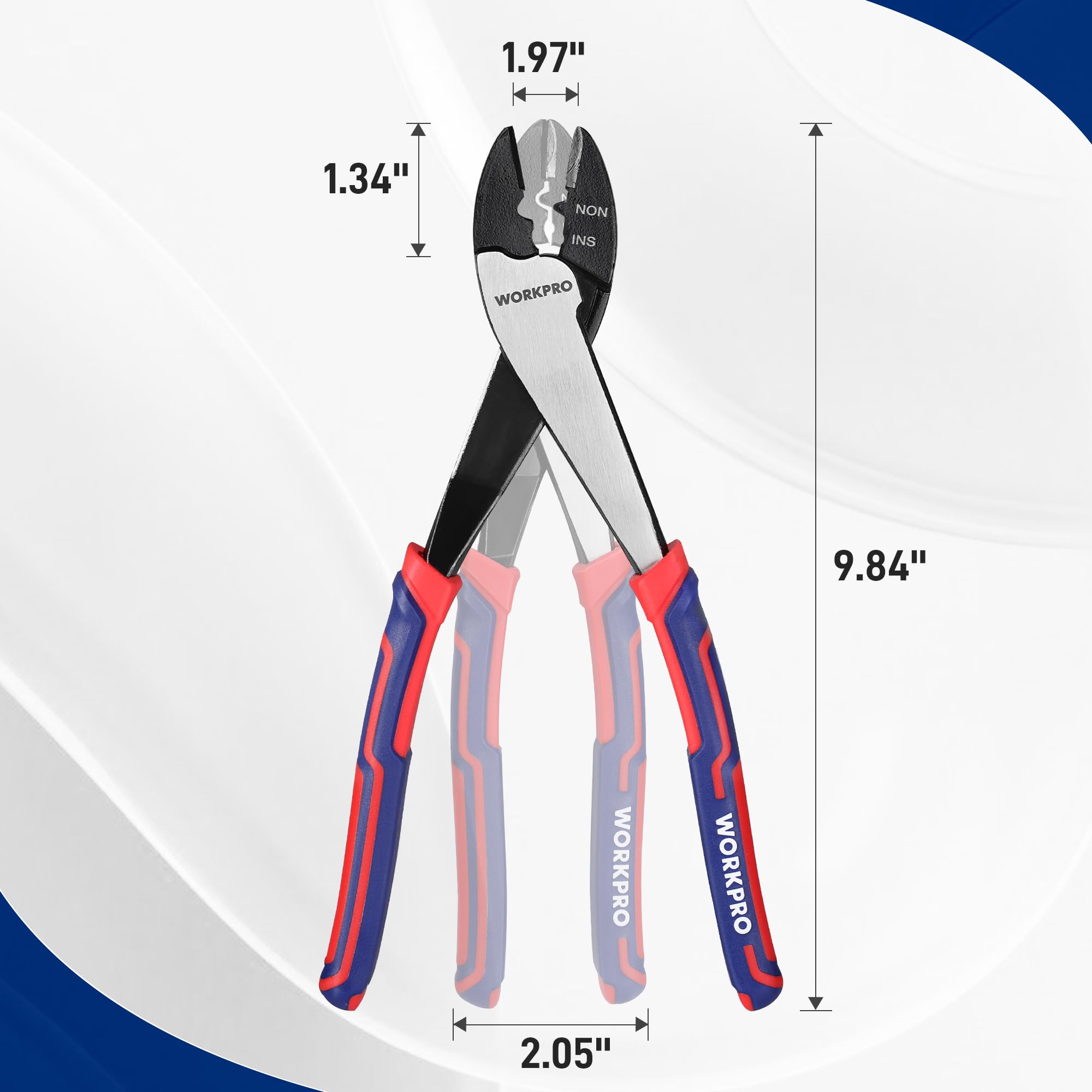 WORKPRO 9.5-inch crimping-action shot demonstrates durable steel and high-leverage design.