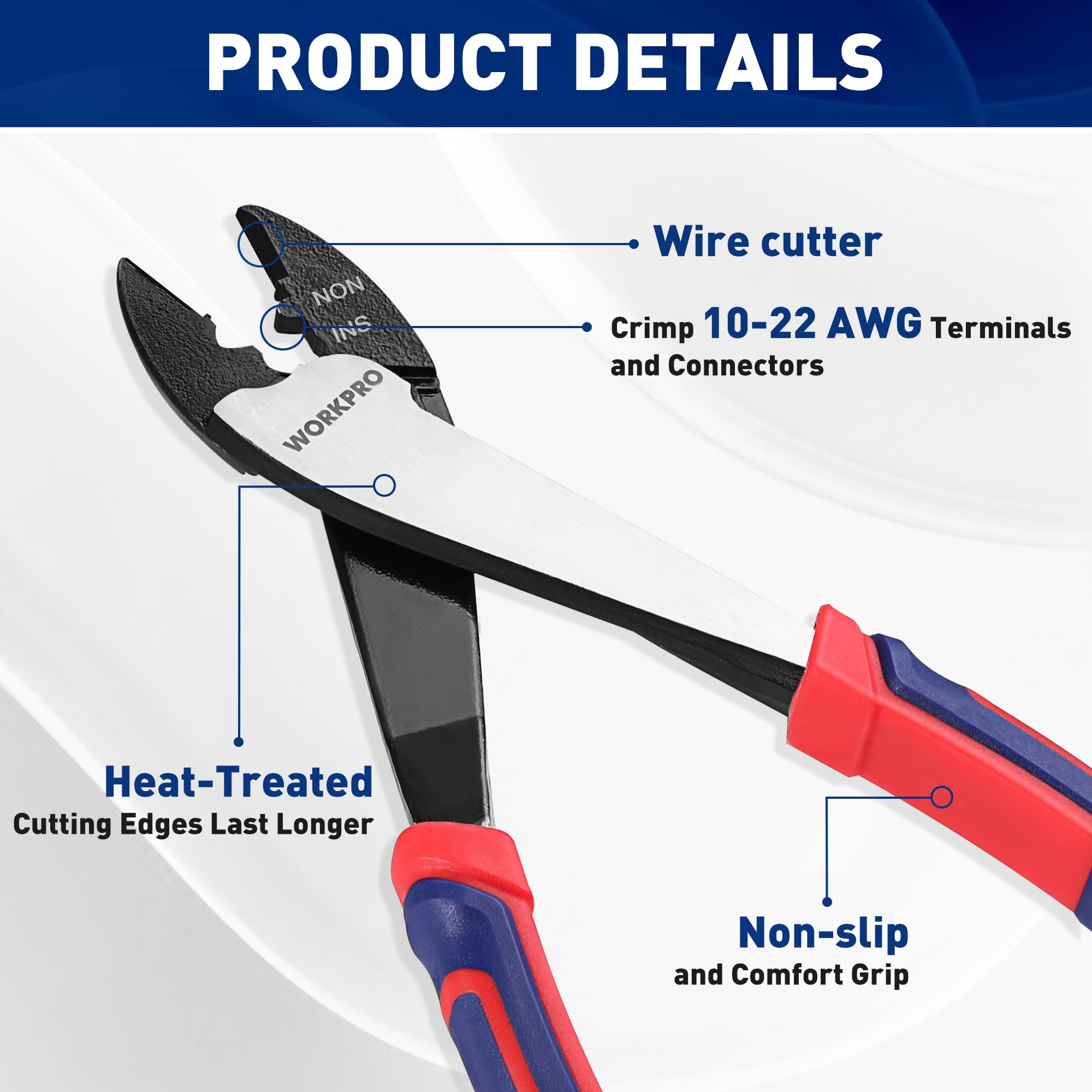 WORKPRO insulated terminals cut feature highlights versatility for 10-22 AWG wiring.