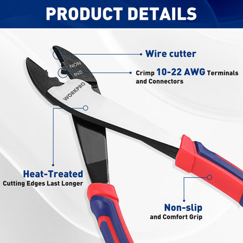 WORKPRO insulated terminals cut feature highlights versatility for 10-22 AWG wiring.