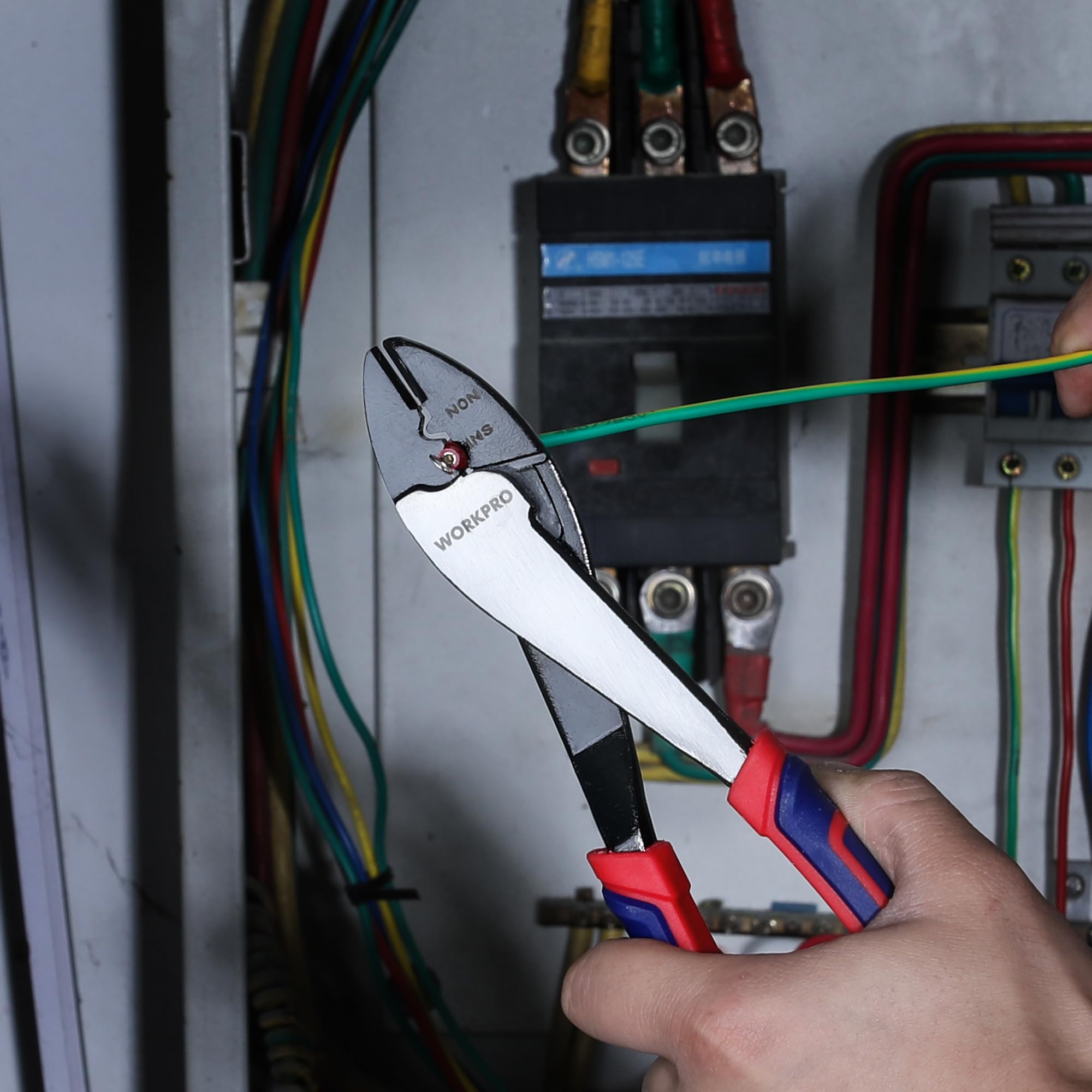 WORKPRO tapered nose reaching tight spaces during wiring tasks.