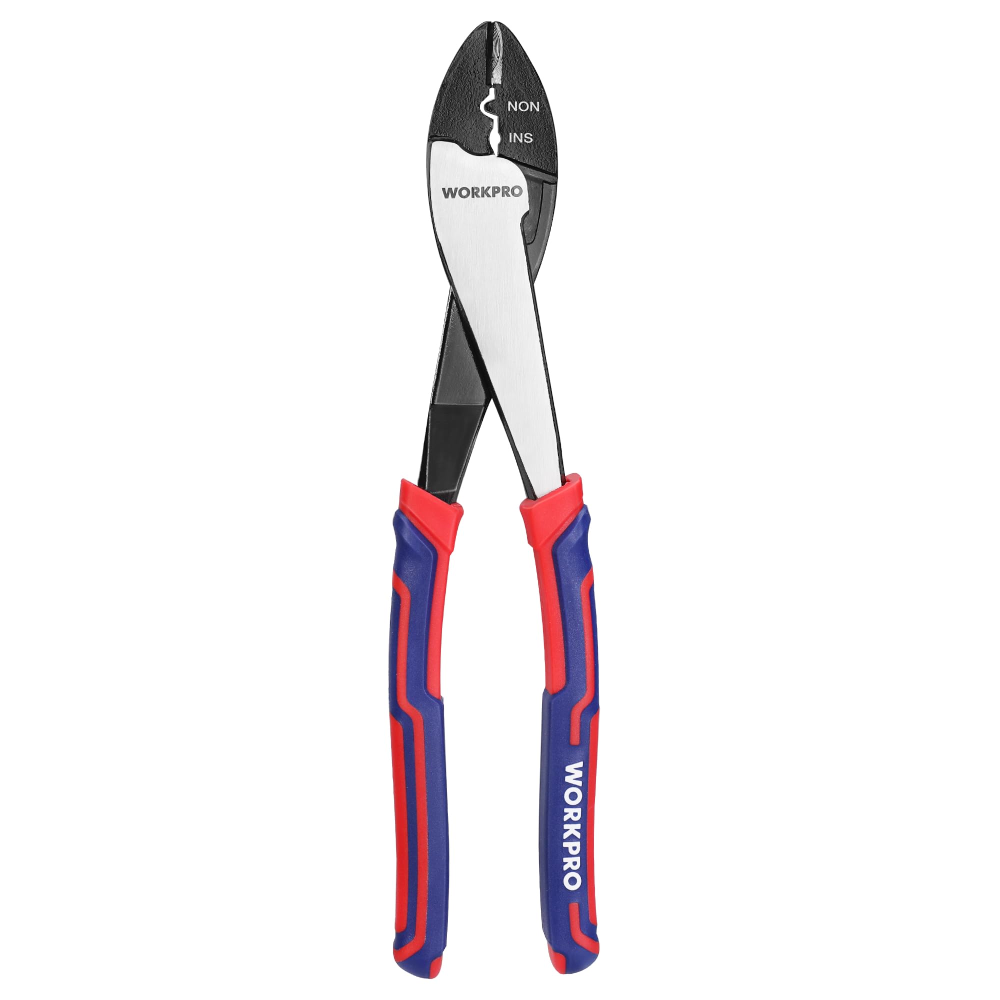 WORKPRO 9.5-inch wire cutter close-up showing precise cuts and crimping.