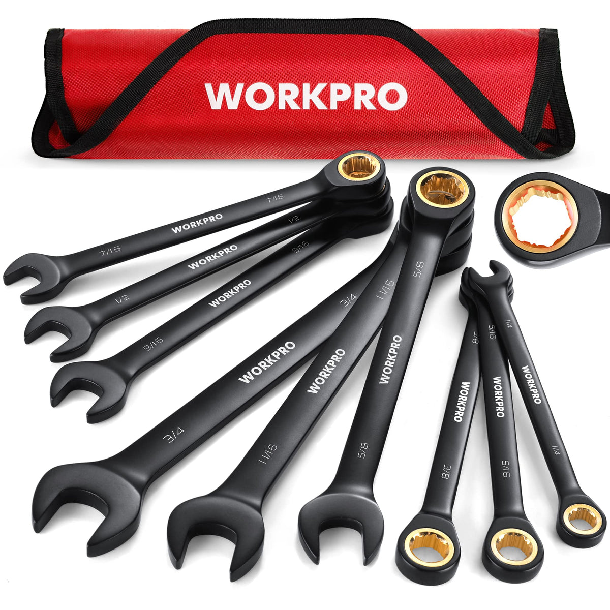 WORKPRO 9-piece anti-slip ratcheting wrenches in a case for organized tightening in tight spaces