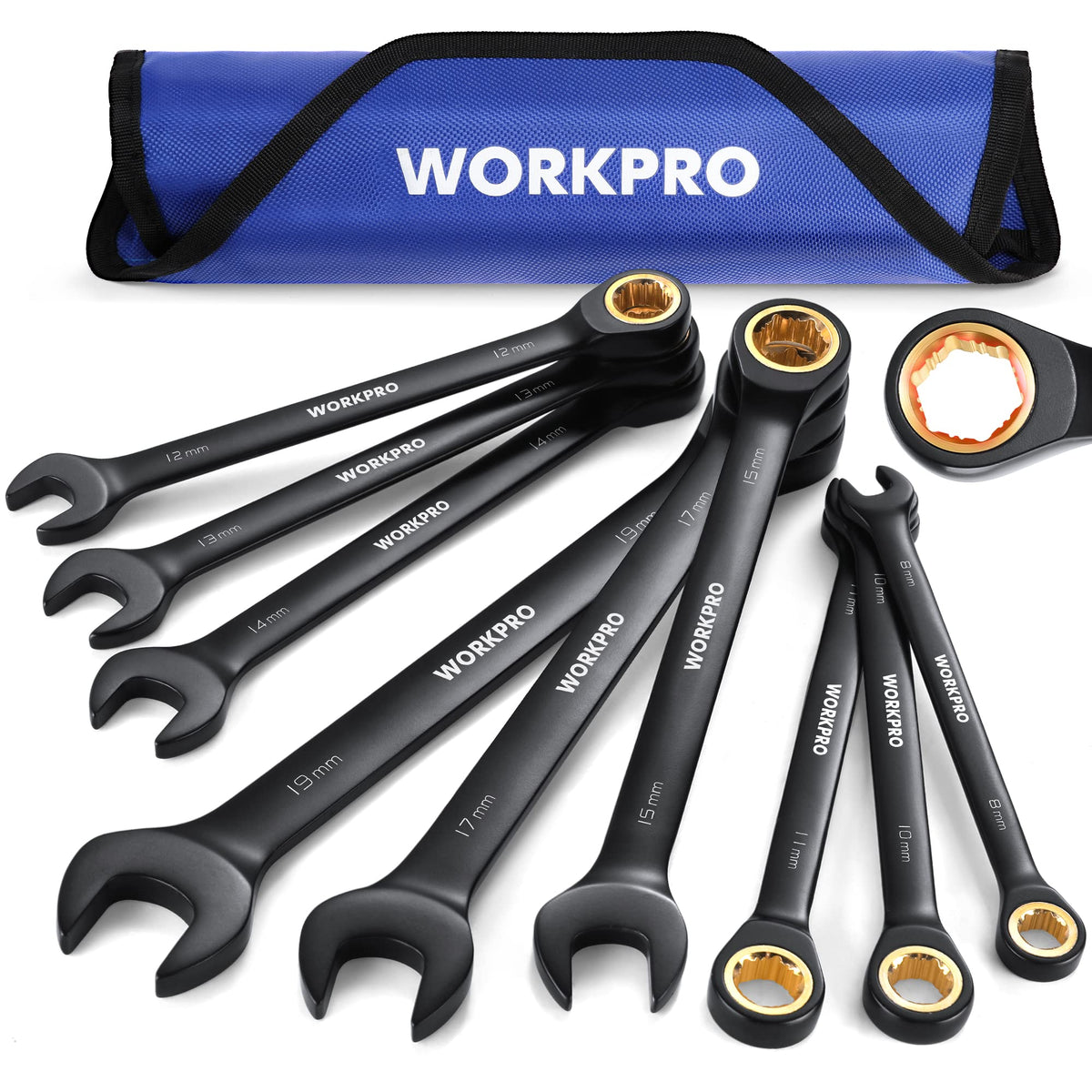 WORKPRO 9-piece anti-slip ratcheting wrench set displayed for organized home use.