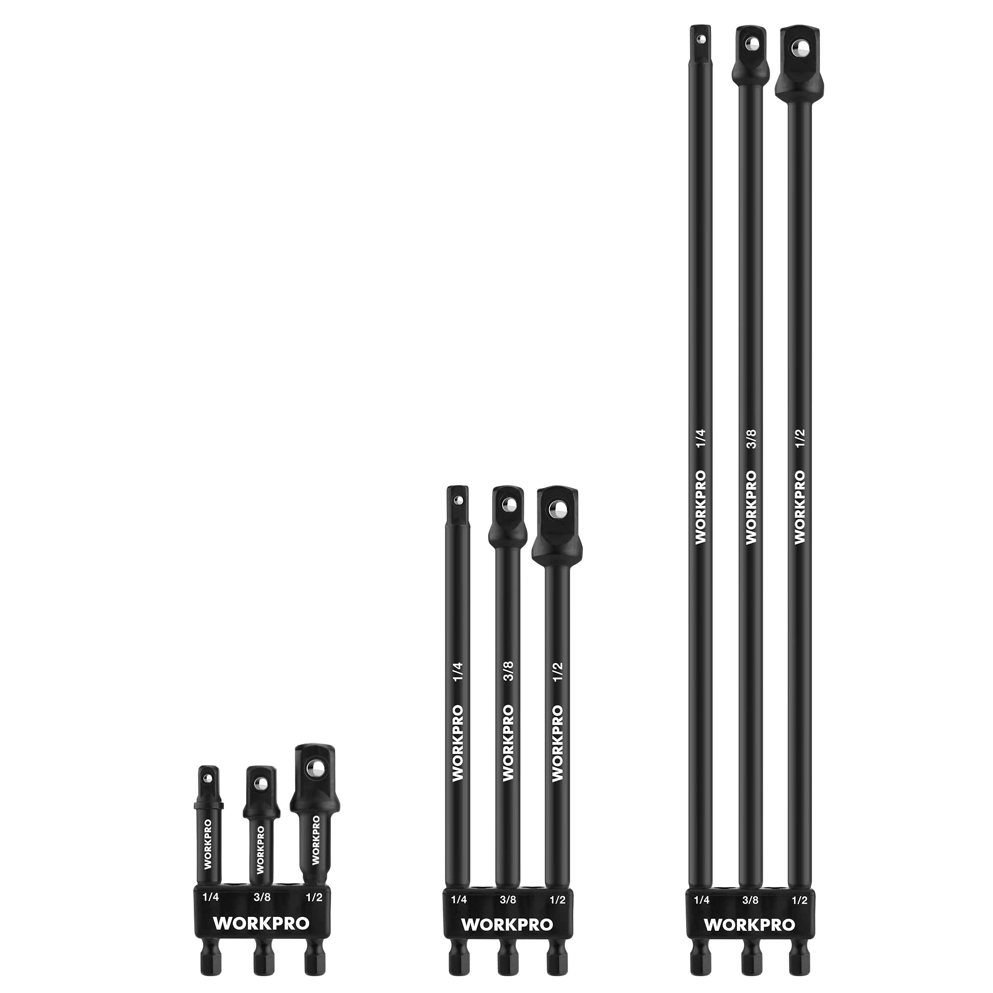 WORKPRO 9-piece socket adapters with hex shank for quick tool compatibility.