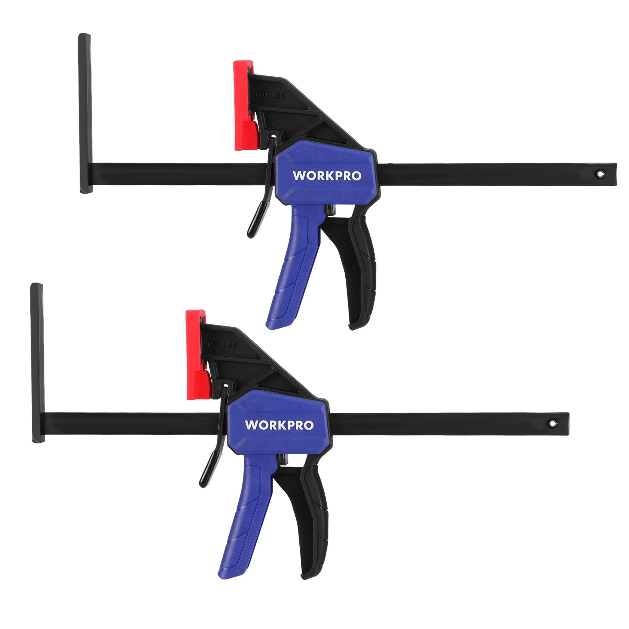 WORKPRO 9-inch track saw clamp secured on rail for precise alignment.