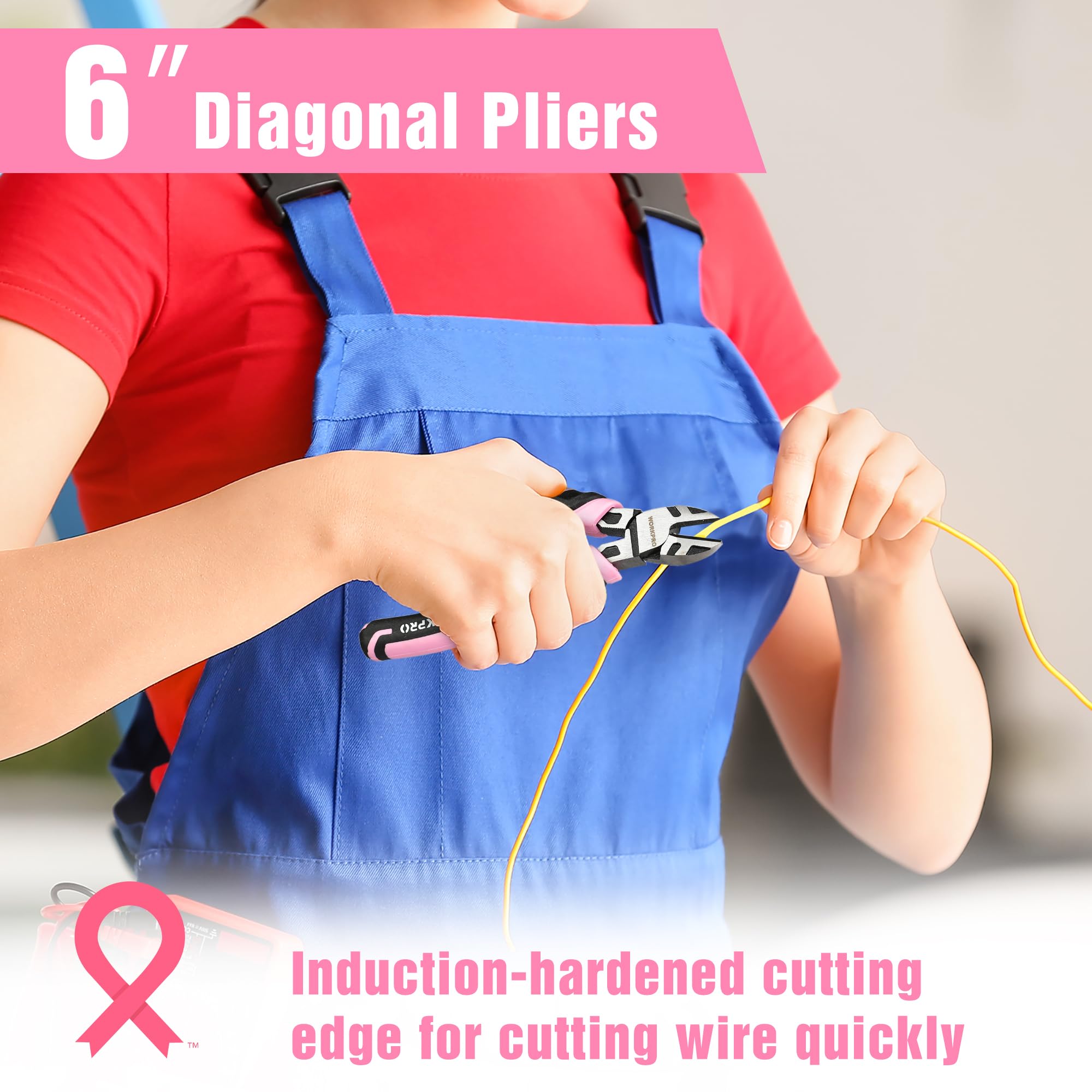 WORKPRO 6-inch needle-nose pliers with pink grips ideal for small parts handling.