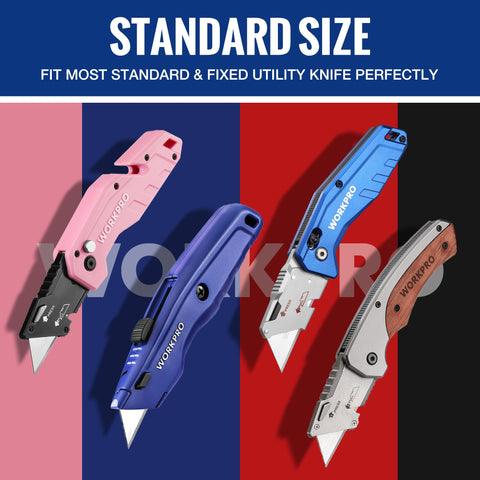 WORKPRO dispenser with ABS lock keeps blades secure between uses.