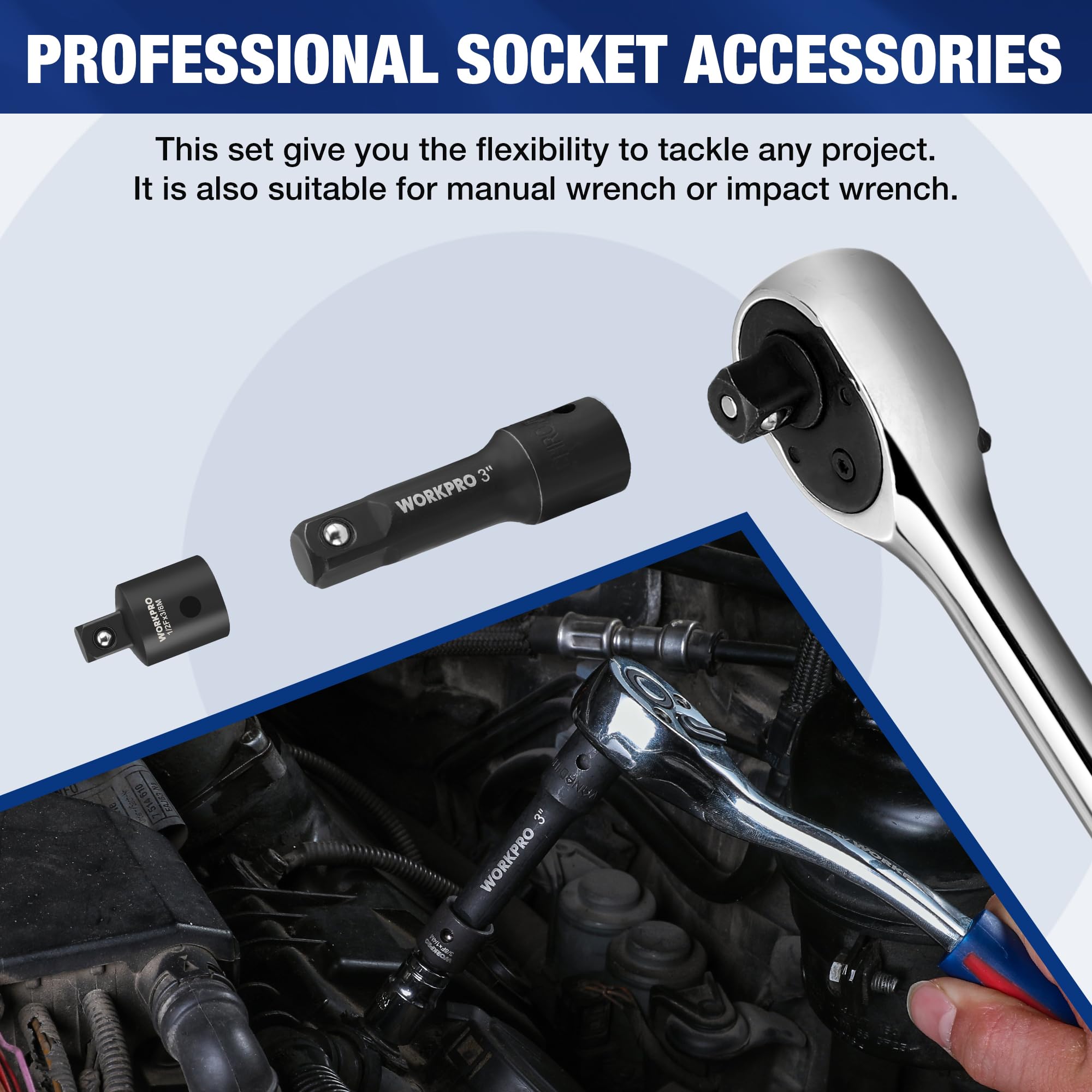 WORKPRO adapter 3/8 to 1/4 inch enables flexible socket sizing