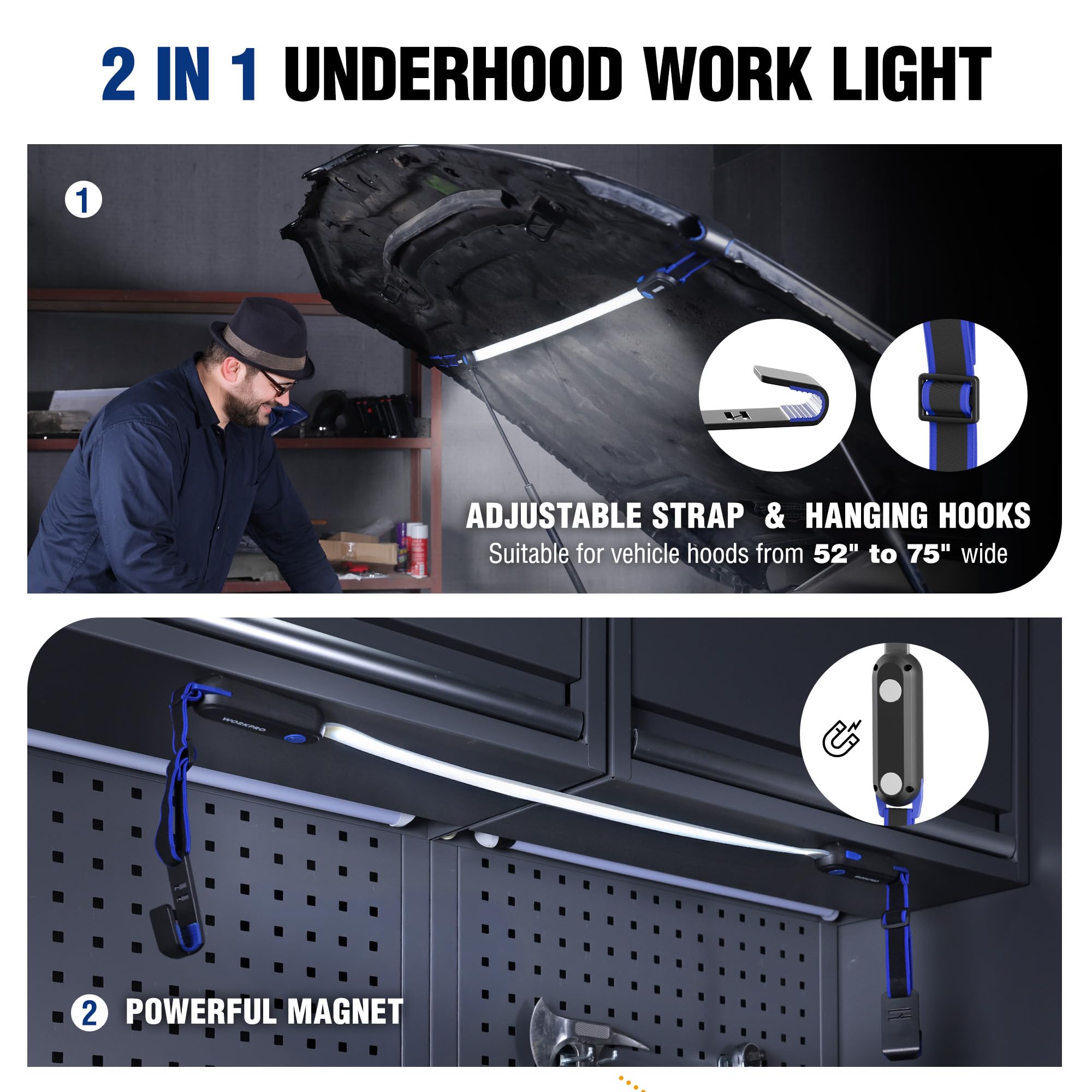 WORKPRO adjustable elastic strap fits 52-75 inch hood widths for secure attachment.