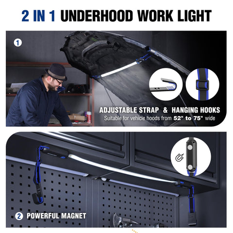 WORKPRO adjustable elastic strap fits 52-75 inch hood widths for secure attachment.