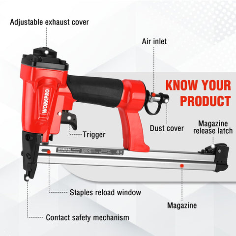 WORKPRO stapler with adjustable exhaust cover directing air flow