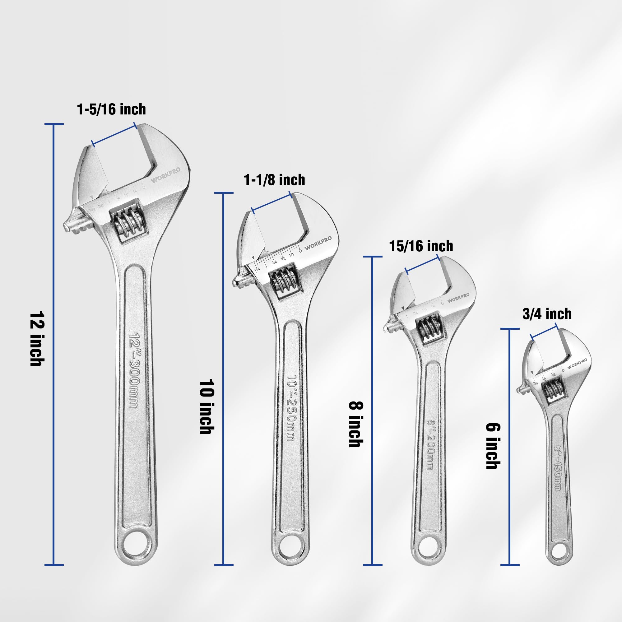 WorkPRO adjustable wrench 10in chrome finish for corrosion resistance.