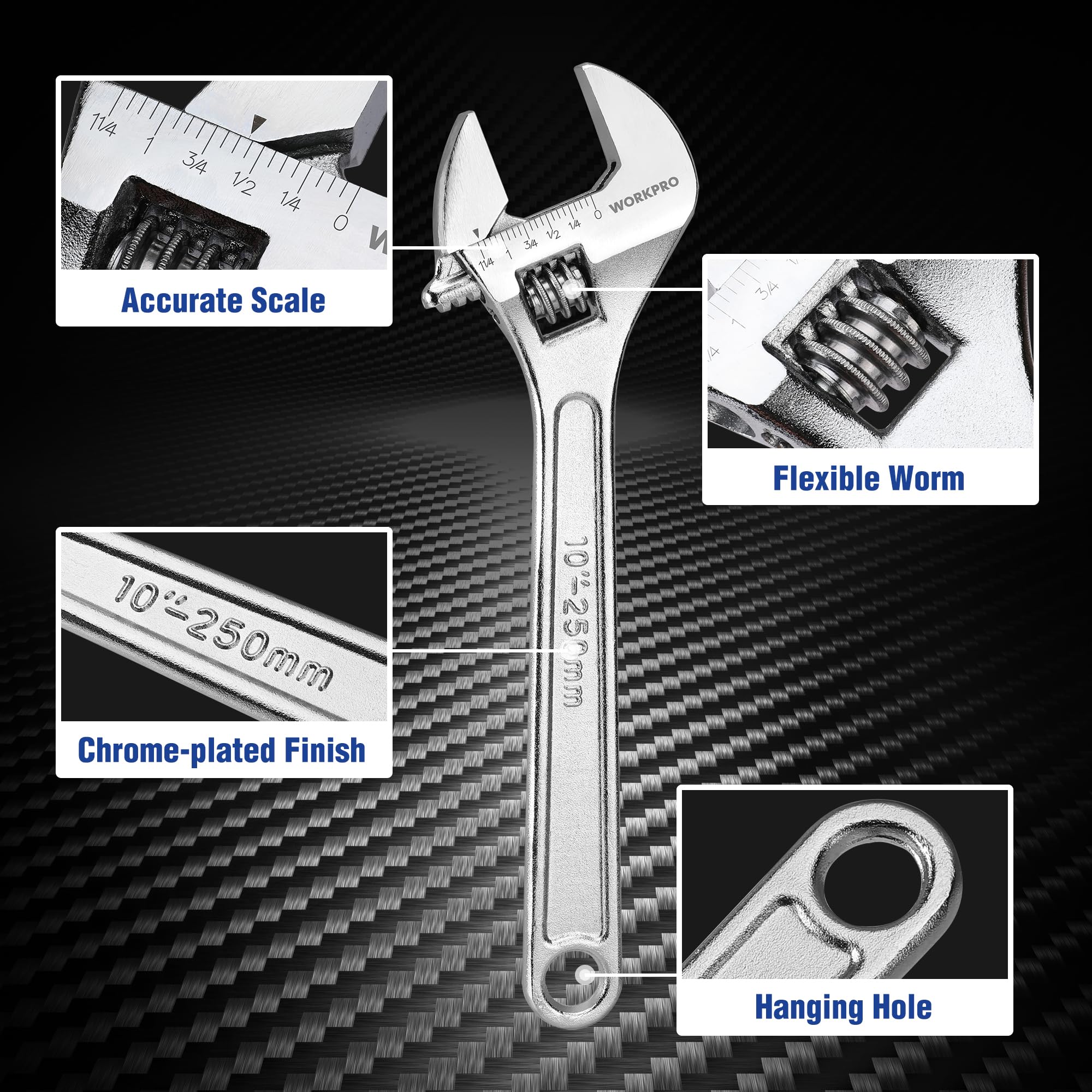 WorkPRO adjustable wrench 12in closeup emphasizes the four sided jaw.
