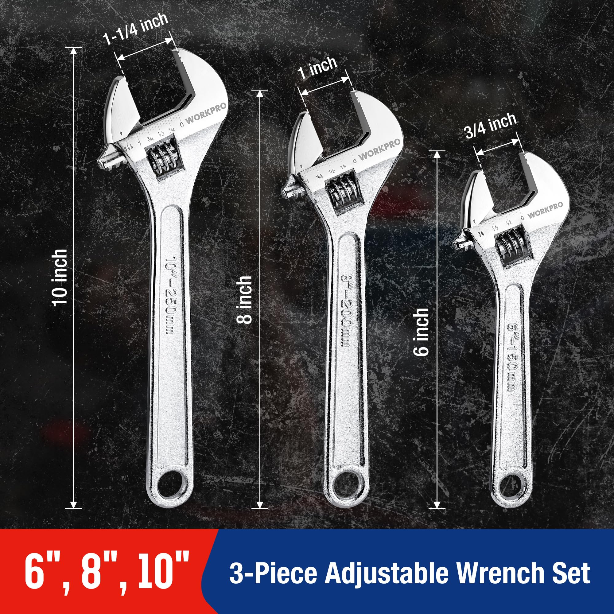 WORKPRO chrome-plated finish on adjustable wrench resists rust in tough environments.