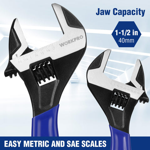 WORKPRO wrench with metric and SAE scales helps precise jaw setup before work.