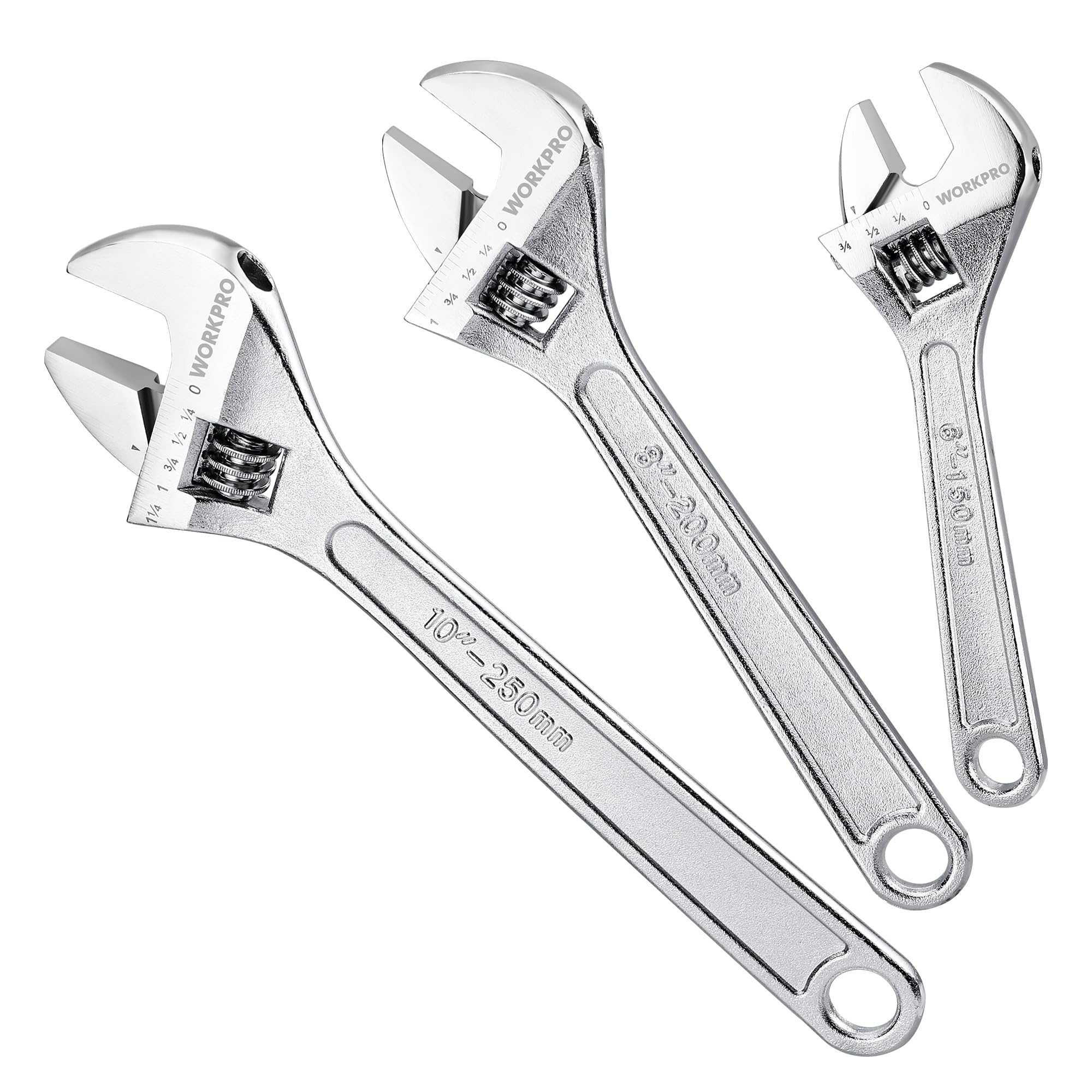 WORKPRO adjustable wrench with open jaw for quick grip changes on fasteners.