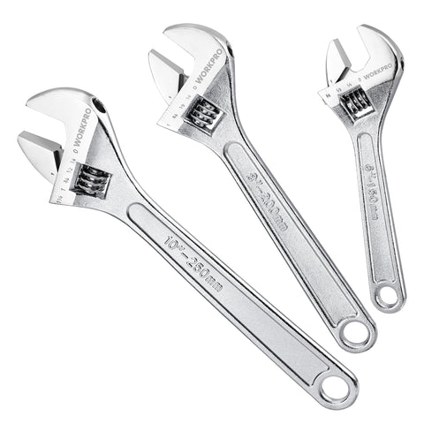 WORKPRO adjustable wrench with open jaw for quick grip changes on fasteners.
