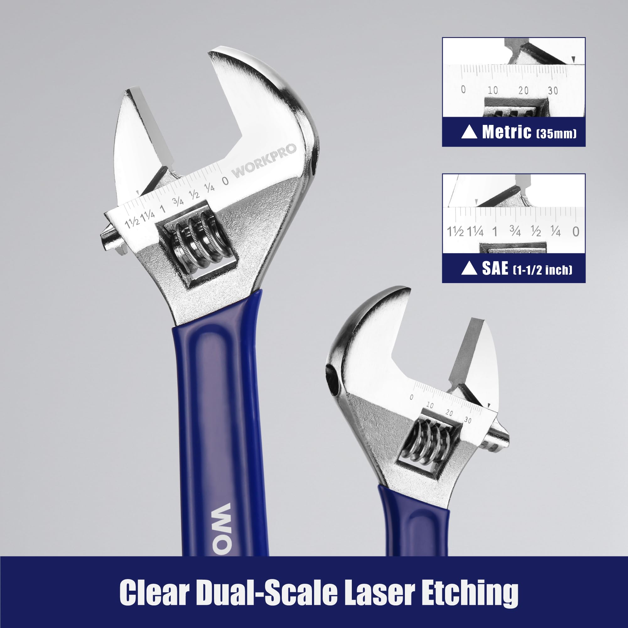 WORKPRO adjustable-wrench-set 10-inch wide jaw handles larger fasteners.