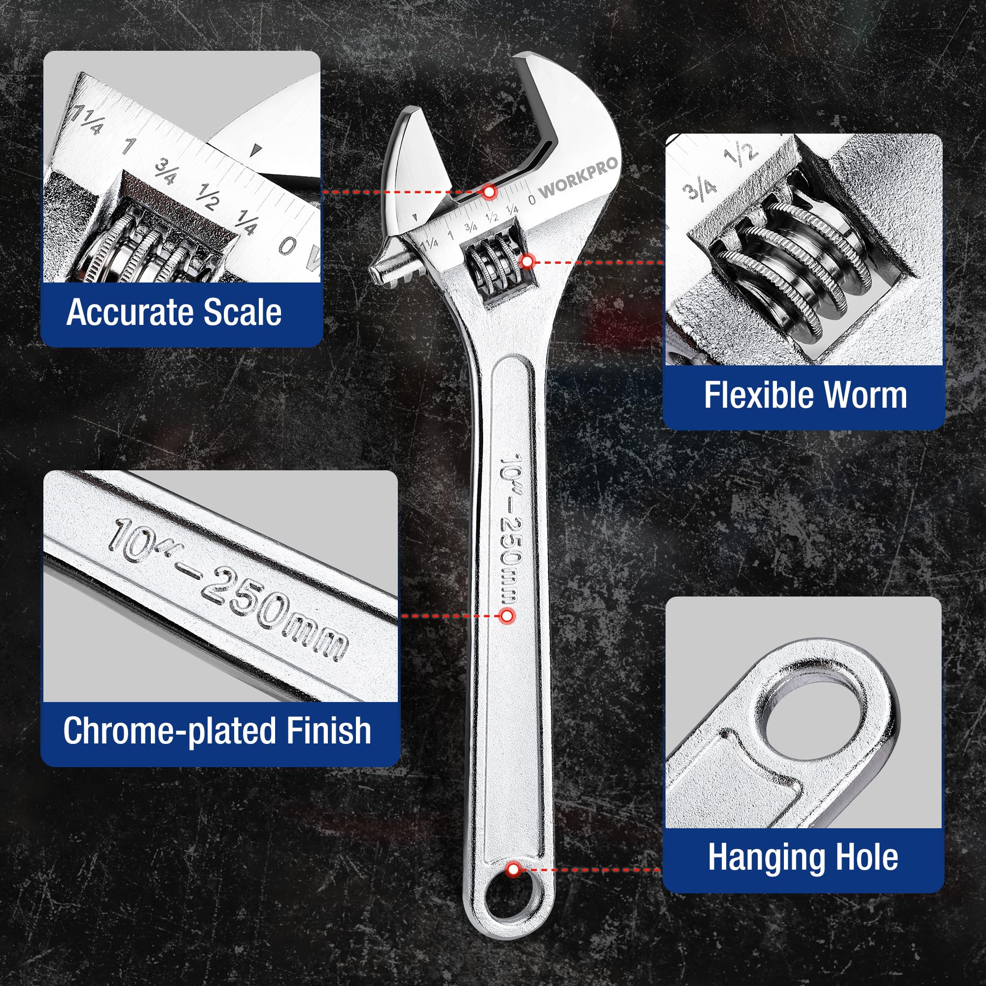 WORKPRO set includes 6, 8, and 10 inch wrenches covering diverse fasteners.