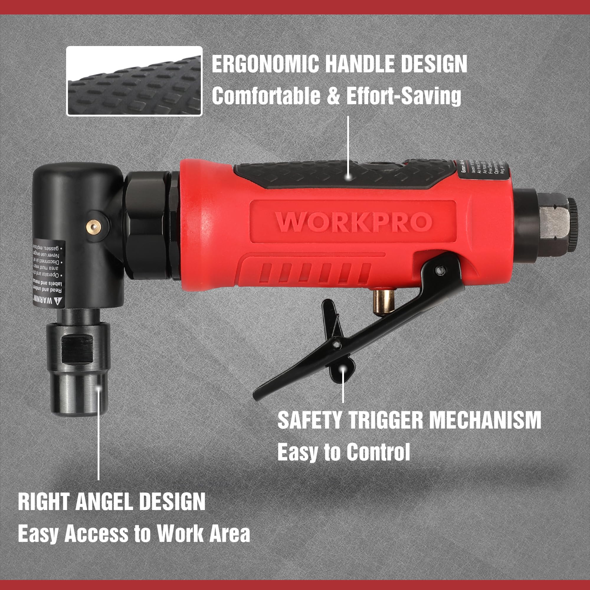 WorkPro grinder rear exhaust directs air away from the operator
