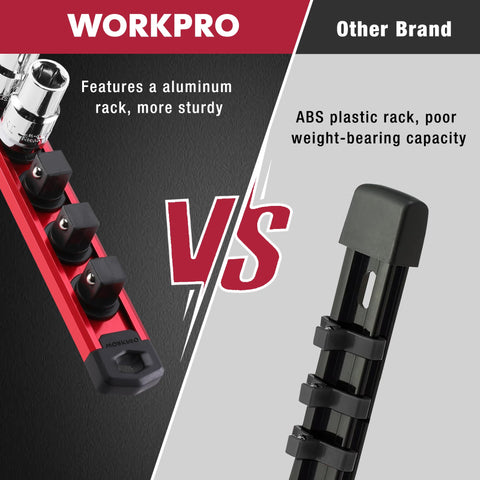 WORKPRO aluminum socket rail front view highlights sturdy construction and clips.