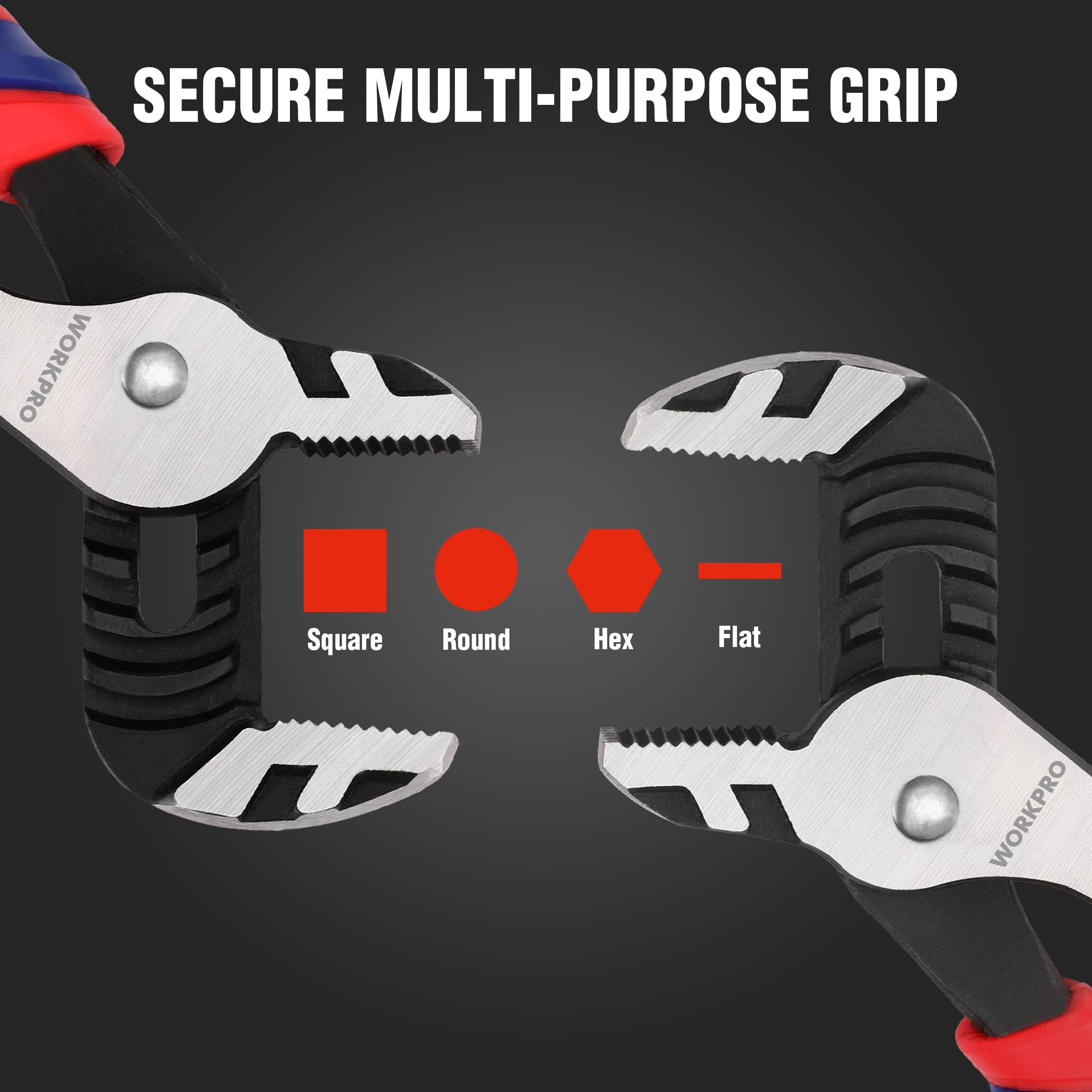 WORKPRO angled-teeth grip demonstrates secure bite on irregular shapes.