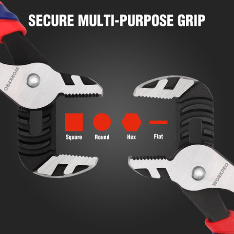 WORKPRO angled-teeth grip demonstrates secure bite on irregular shapes.