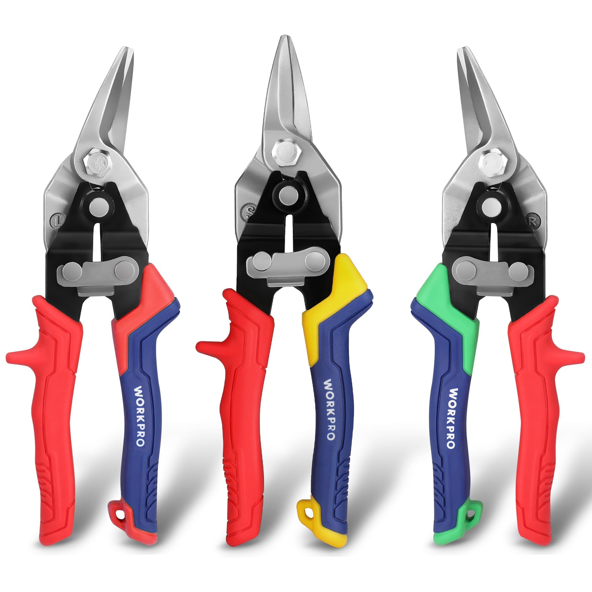 WORKPRO aviation snips left cut: precise curves on metal sheets.