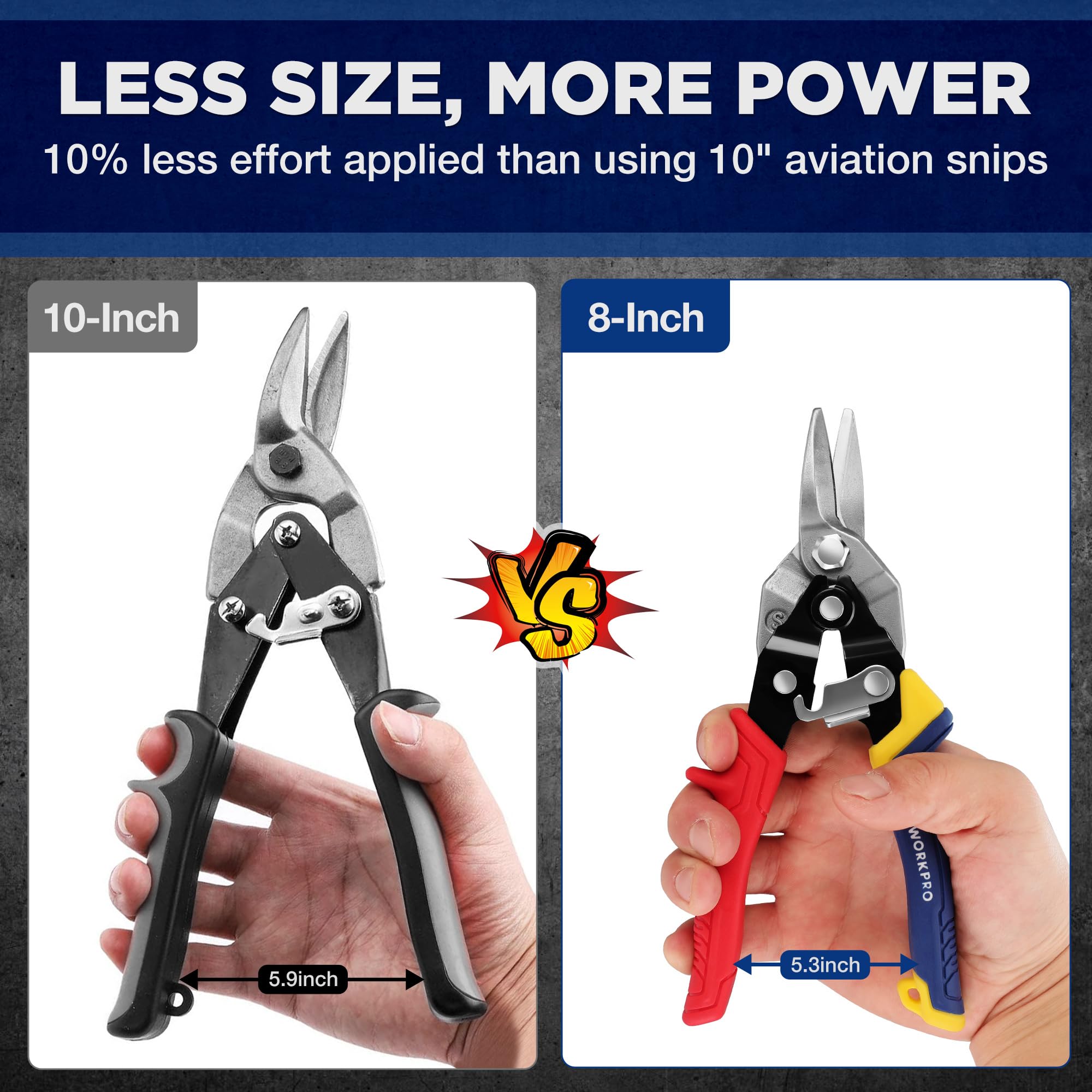 WORKPRO aviation snips right cut: smooth reverse curves on panels.