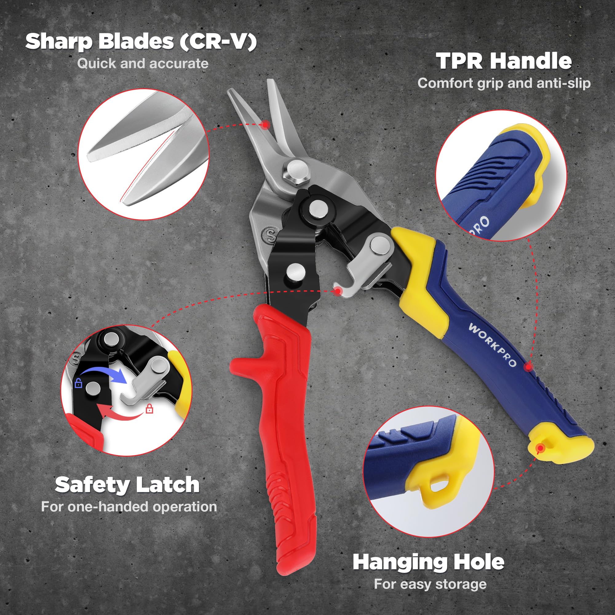 WORKPRO straight cut snips: clean straight cuts on thin metal.