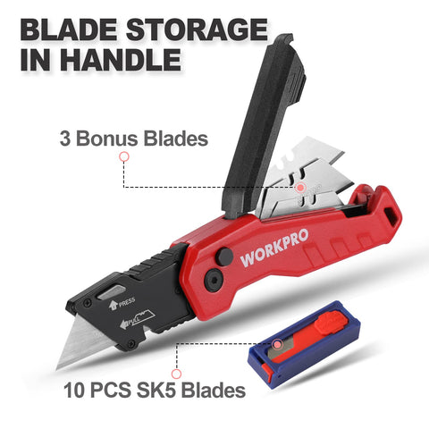 WORKPRO back clip keeps the compact knife secure on belts