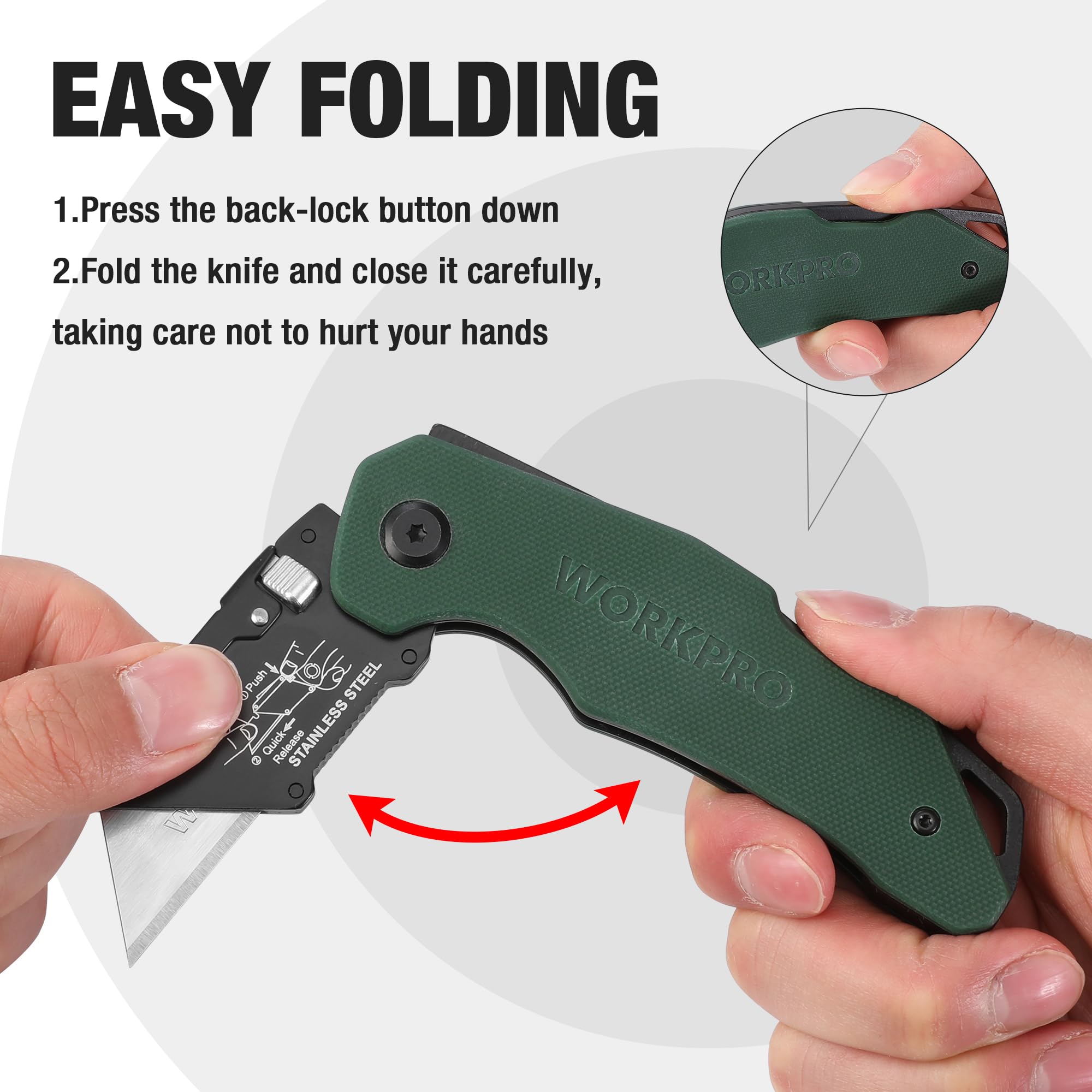 WorkPro back lock design keeps blade secure for safer operation