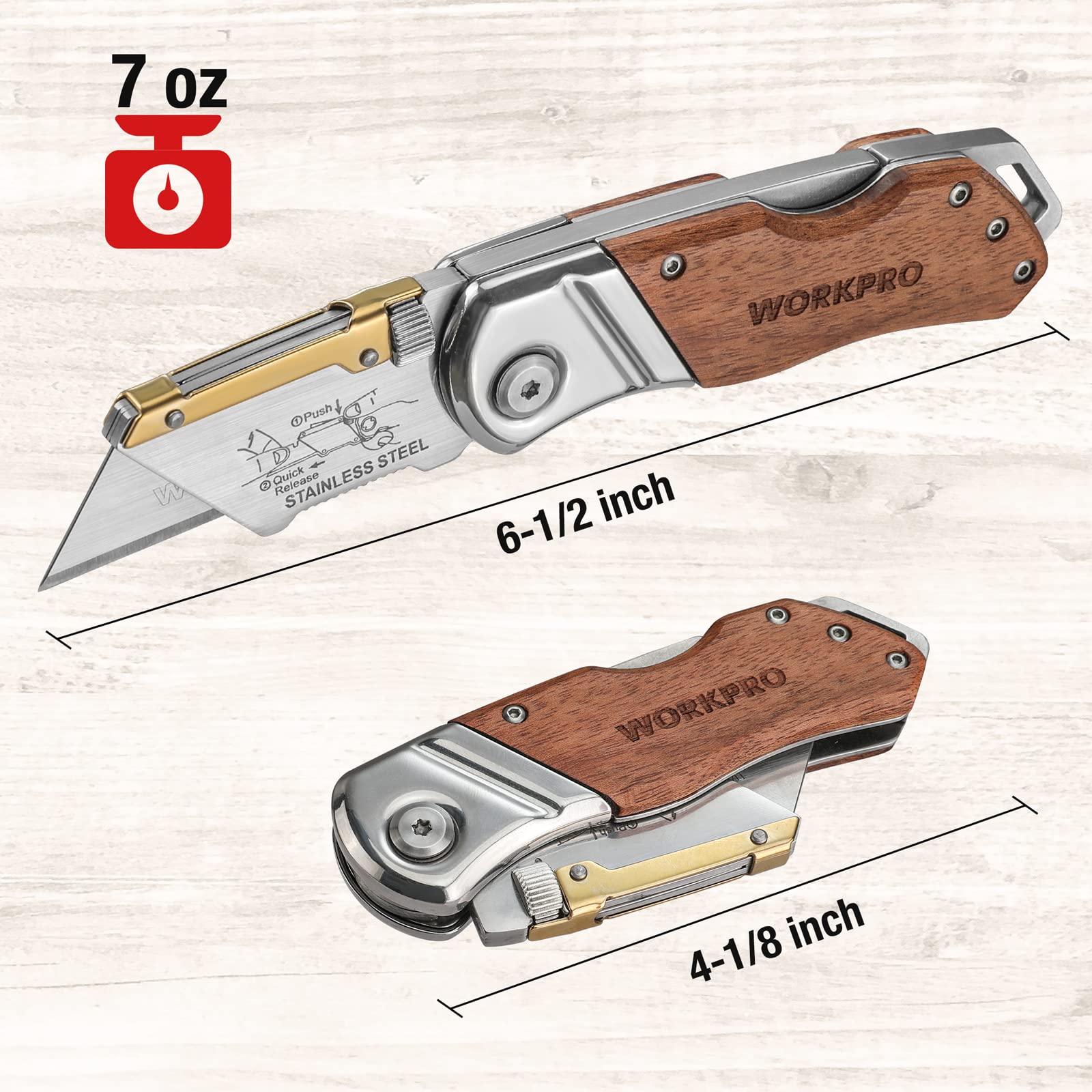 WORKPRO back-lock design keeps blade secure while cutting.