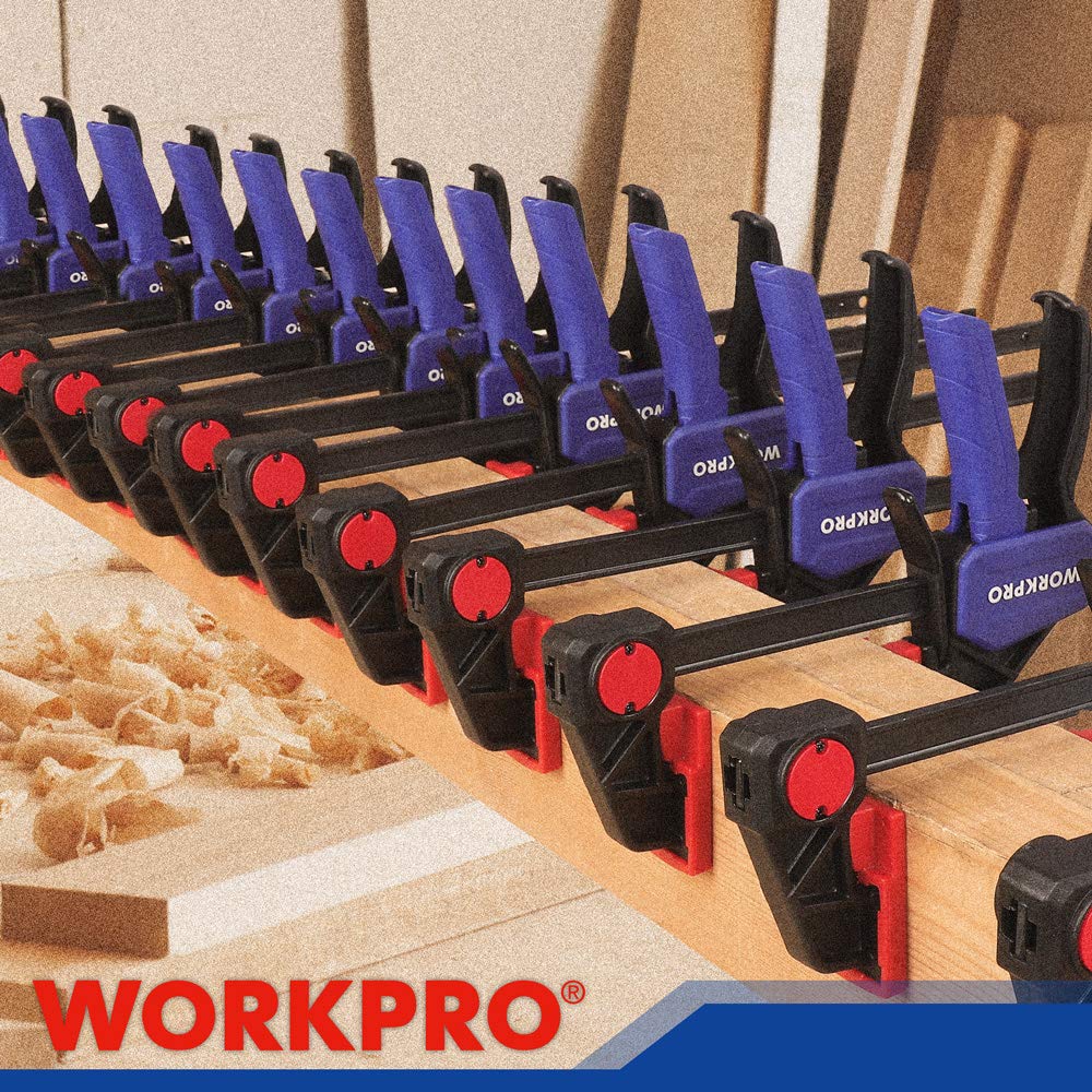 WORKPRO bar clamps 12-inch spreader reaches up to 17-21/64 inches.