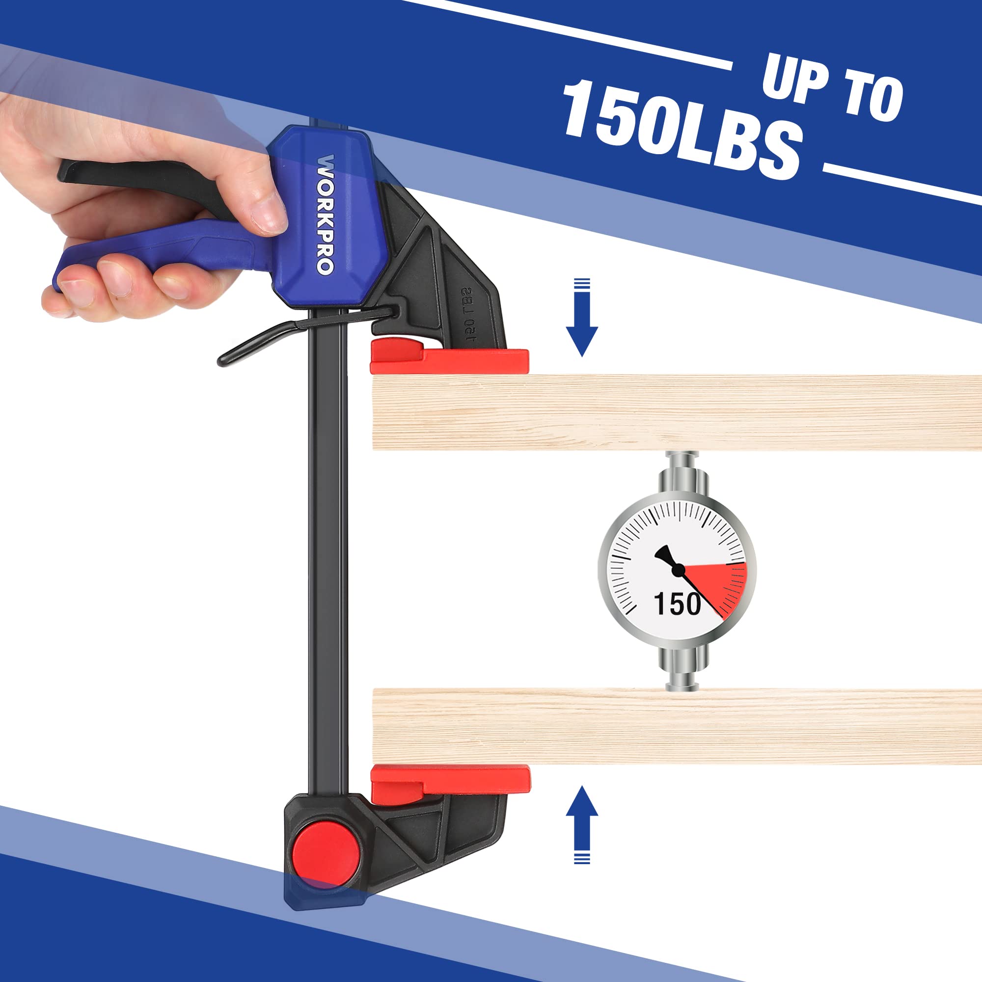 WORKPRO bar clamps 6-inch quick-release handle for one-handed setup.