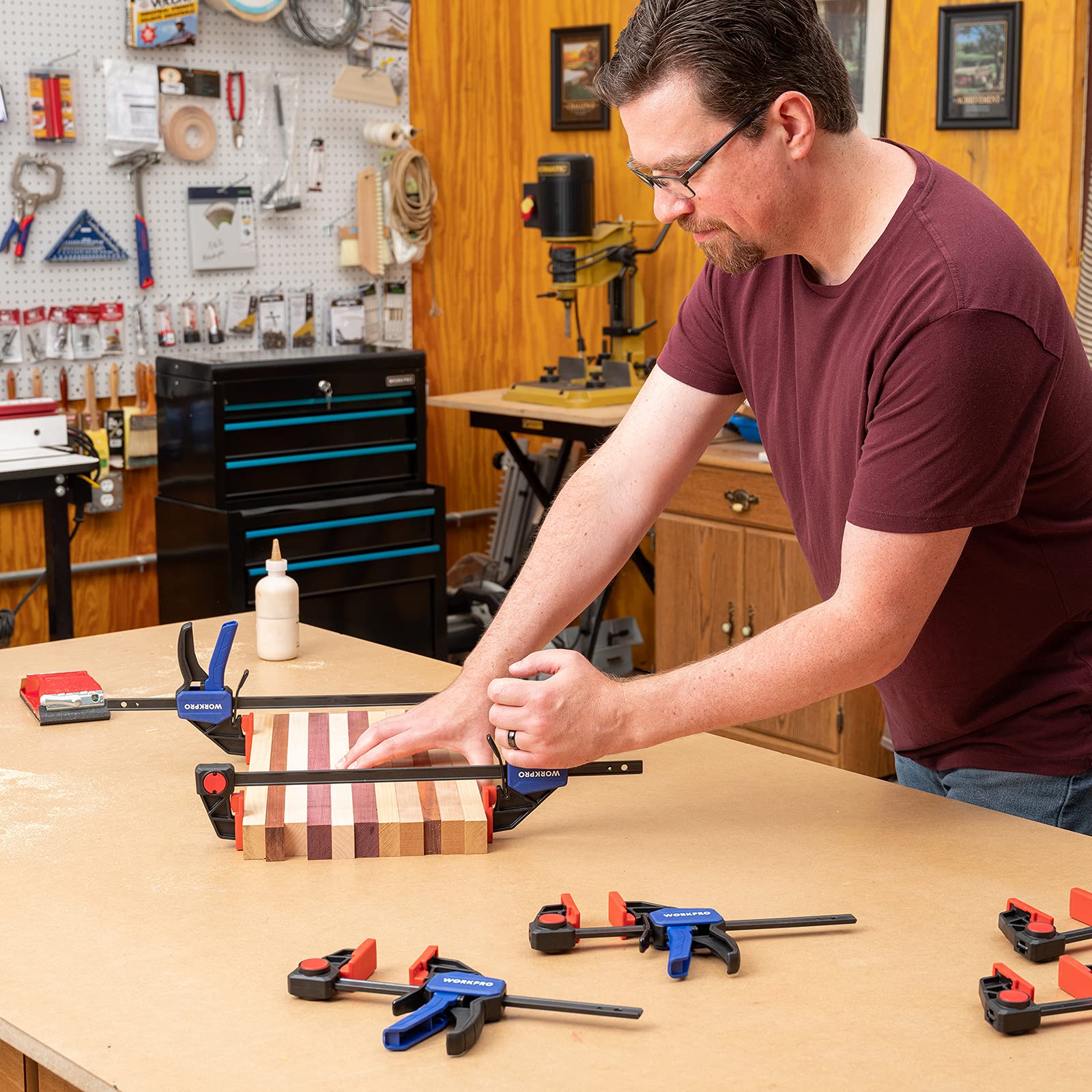 WORKPRO bar clamps 6-inch spreader reaches up to 11-9/64 inches.