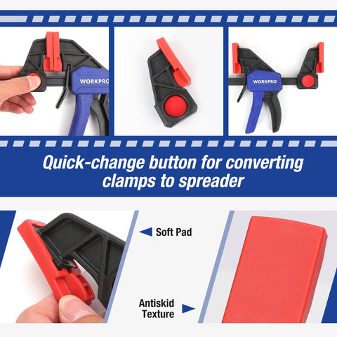 WORKPRO bar clamps quick-change button converts to spreader easily.