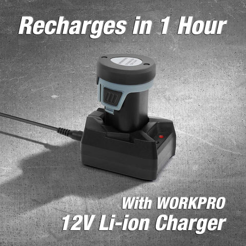 WORKPRO battery pack mounted in a drill showcasing reliable power during a project.