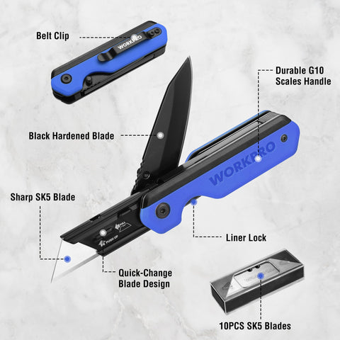 WORKPRO belt clip keeps the knife within reach on the go.
