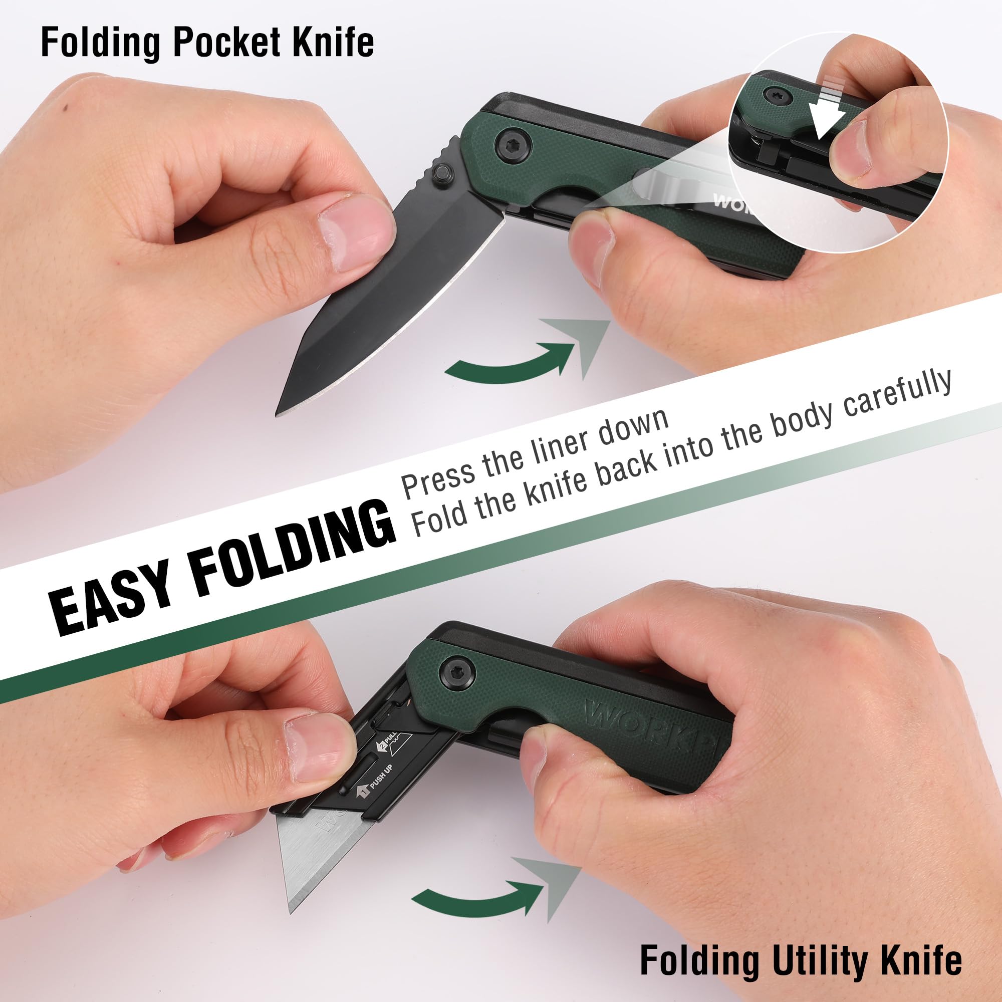 WORKPRO belt clip knife secured on a belt for easy access
