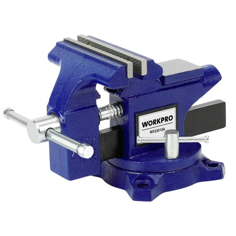 WORKPRO bench vise with a 4-1/2-inch jaw for secure, surface-safe gripping.
