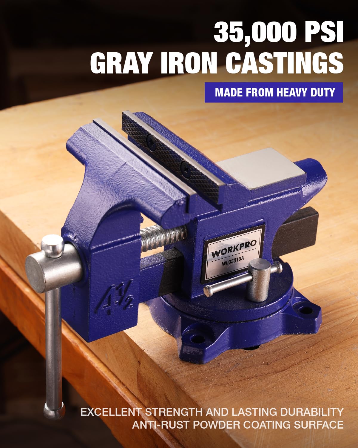 WORKPRO bench vise featuring a 240-degree swivel base for flexible positioning.